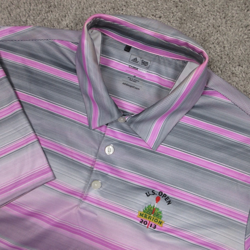 Adidas Polo Shirt Mens Medium Purple Striped US‎ Open Merion 2013 Climacool Logo